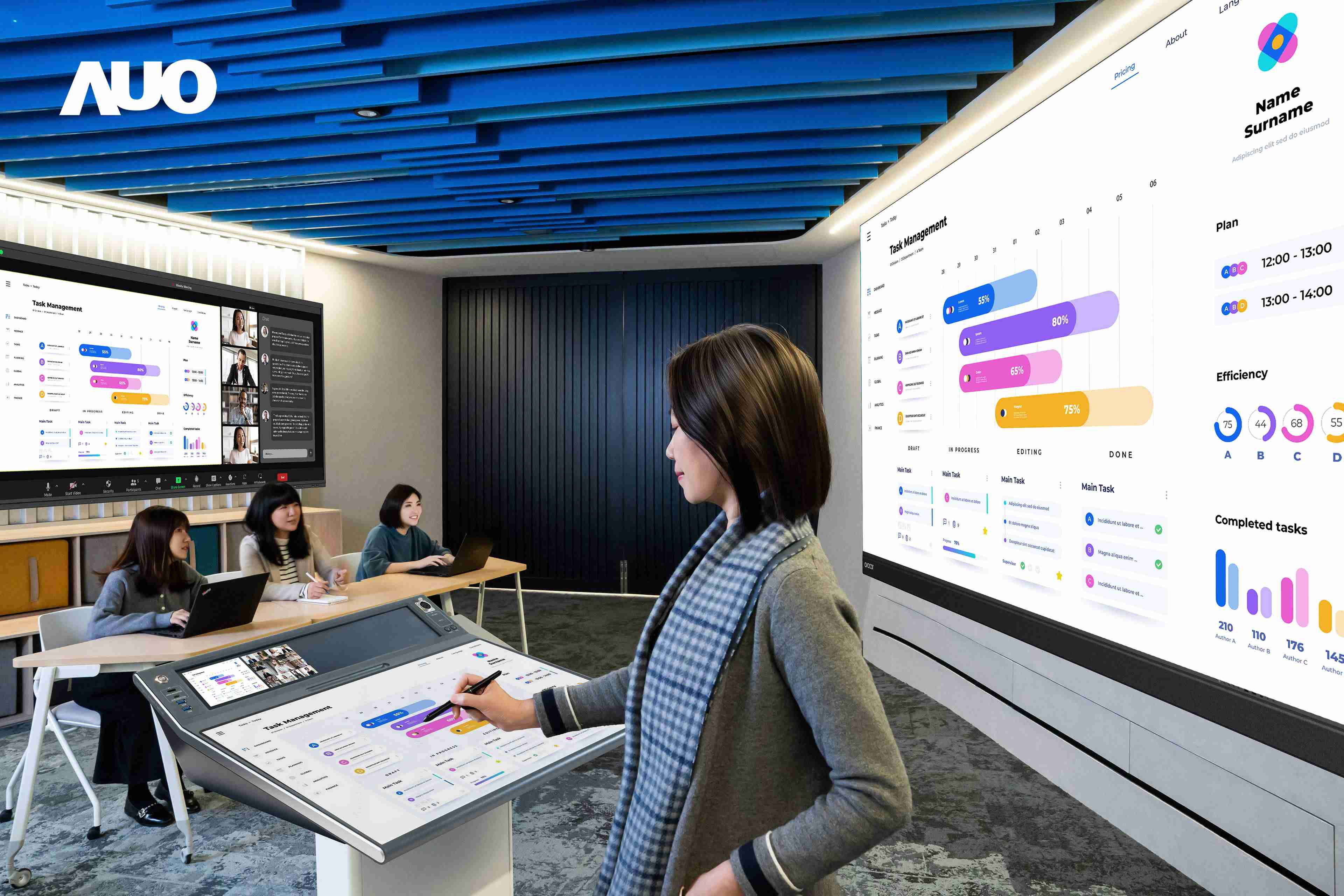 达擎携手Avocor与Rise Vision展示全方位商务领域应用，，，包含采用模块化设计的138吋一体式All-in-One LED显示器及具21:9超宽比例的92吋交互式电子白板（IFPD），，，讲者可轻松分享内容，，，有效提升会议协作效率。。